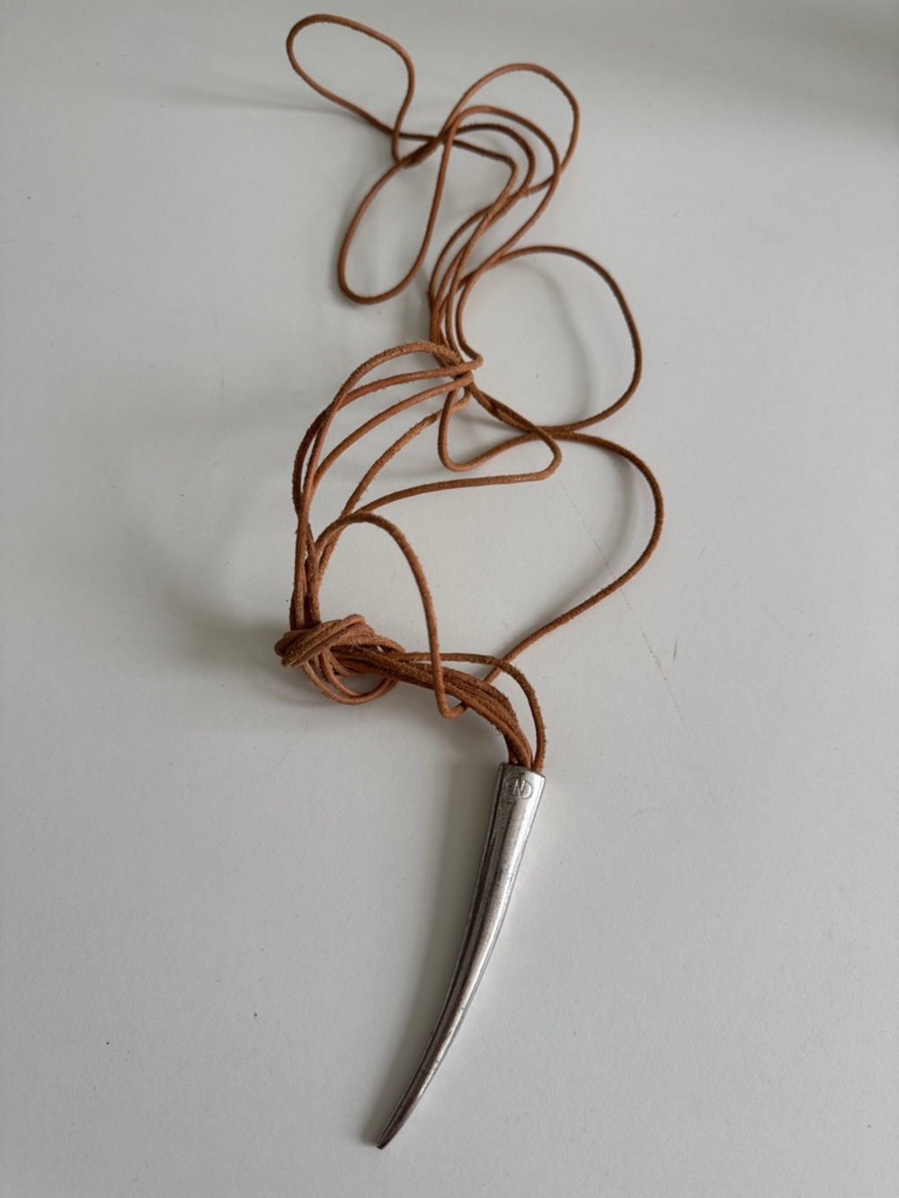 Leather Cord Necklace with Silver Horn Pendant - Tan